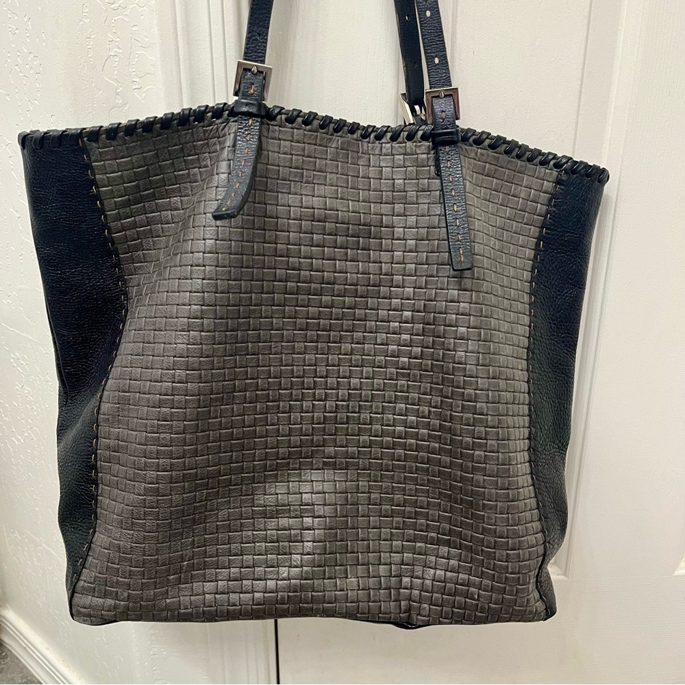 🖤🩶 Carla Mancini Large Leather Woven Tote Bag Purse Black Grey Whipstitch